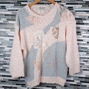 Vintage Pink  Gray Women's Sweater L Granny Grannycore 3/4 Sleeve